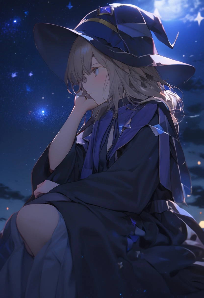 thinking , black mage robe , masterpiece , cloudly night full stars , mage robe , 1girl , soft light
