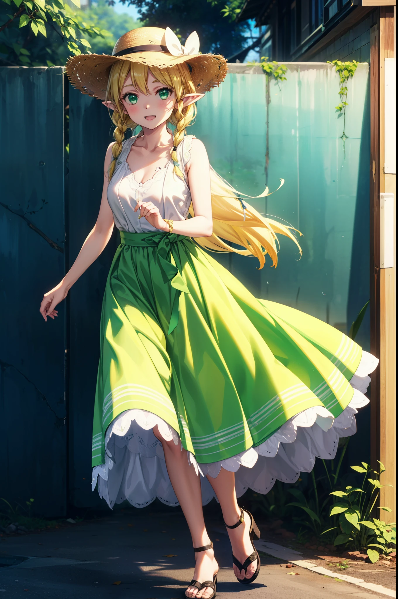 Suguhakirigaya, Suguhakirigaya, Long Hair,Blonde,Green Eyes,Pointy Ears,Long braids,happy smile, smile, Open your mouth,White straw hat,White sleeveless dress, bare arms,Green long skirt,Cute Sandals,Walking,Clear skies,whole bodyがイラストに入るように,
break outdoors, nature, forest,
break looking at viewer, whole body,
break (masterpiece:1.2), Highest quality, High resolution, unity 8k wallpaper, (shape:0.8), (Beautiful attention to detail:1.6), Highly detailed face, Perfect lighting, Extremely detailed CG, (Perfect hands, Perfect Anatomy),