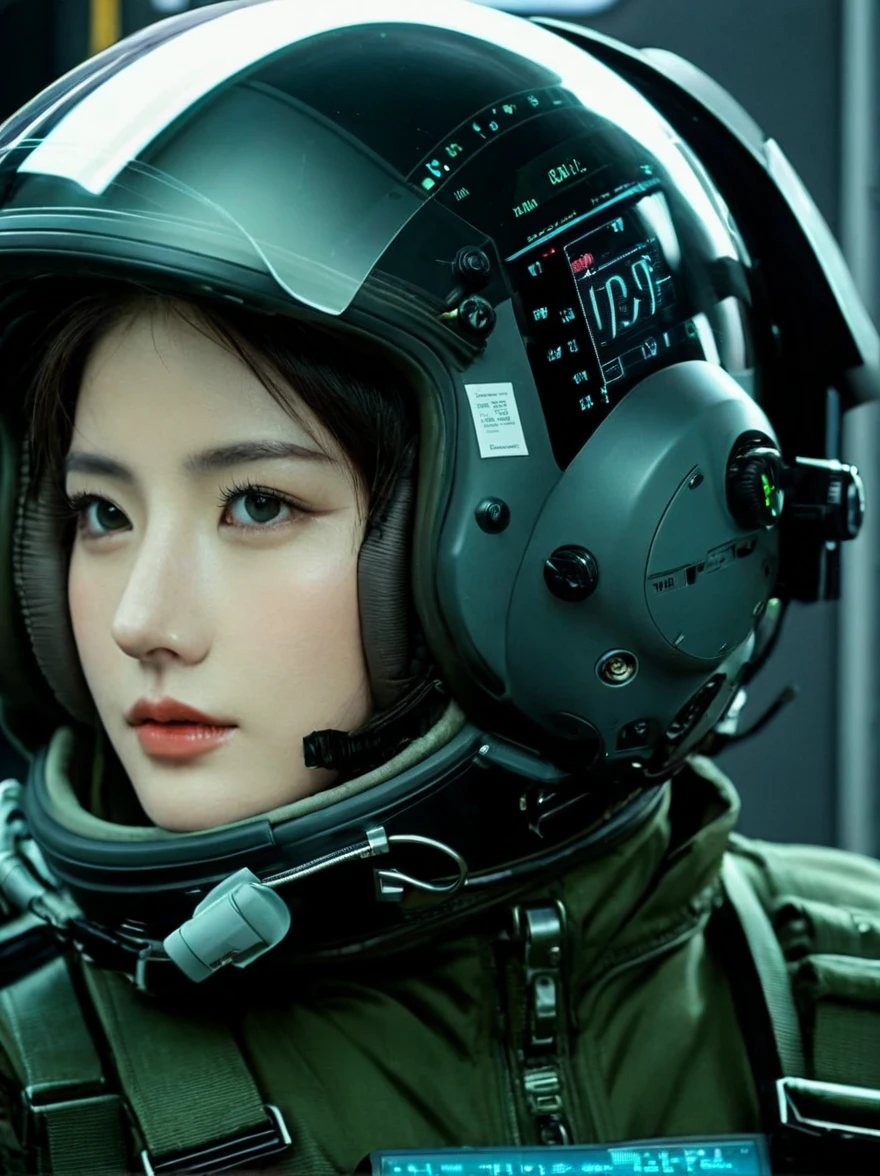 One girl, (Beautiful Face), Female fighter jet pilot, Holds a pilot helmet with LED interactive screen and HUD head-up display on the visor, Visor-displayed targeting system, Communication Systems, Open the visor, Sexy pose, Floating Hair, Are standing, (Upper thigh shot:1.3), DT Helmets, Stationed at the airport, Advanced Fighter Background,
(Intricate details), High resolution, (Intricate details, Ultra-detailed:1.2), Cinematic shots, ((masterpiece, high quality, 最high quality, Official Art, Beautiful and aesthetic, Detailed face, Fine grain)),