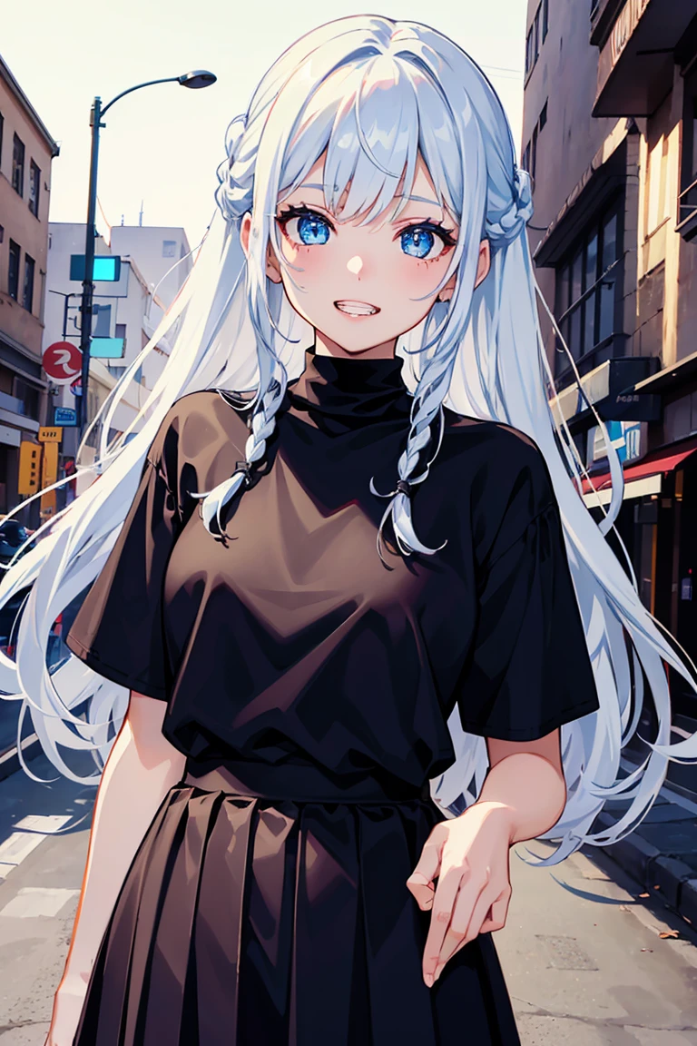 ((1 Girl)), Latest Trends in Clothing, Pleated skirt, Black clothes ,squat, Street fashion,Cowboy Shot,((Very detailed,Highest quality, High resolution, 8k wallpaper, Beautiful clothes,)),((White Hair, Long Hair,Straight hair,Braid)), (teeth), Grinning face, eye shadow, eyeliner,Glowing Eyes, Very detailed目, Clear Eyes, Beautiful Eyes, ((Sparkling blue eyes)), 15-year-old girl.
