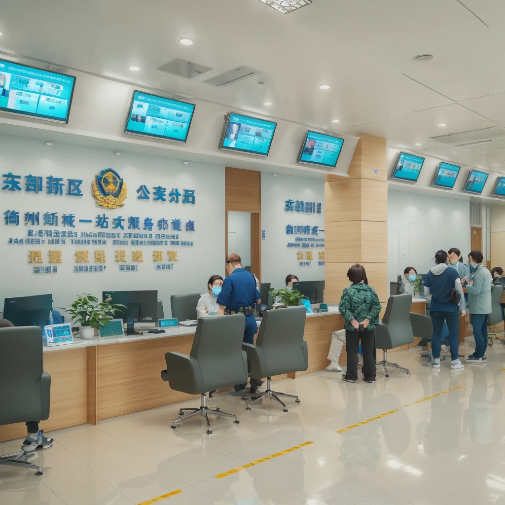((masterpiece)),((Highest quality)),Laboratory Space,Jiangnan、 District Police Station, A chin-opening service desk, Digital screen and chairs in waiting area for people, Paper documents, Features, Neighborhood Committee, Logo, blue, People standing around,blender,OC Renderer,C4D,3d,Unreal Engine,Adding details,Extremely high resolution,