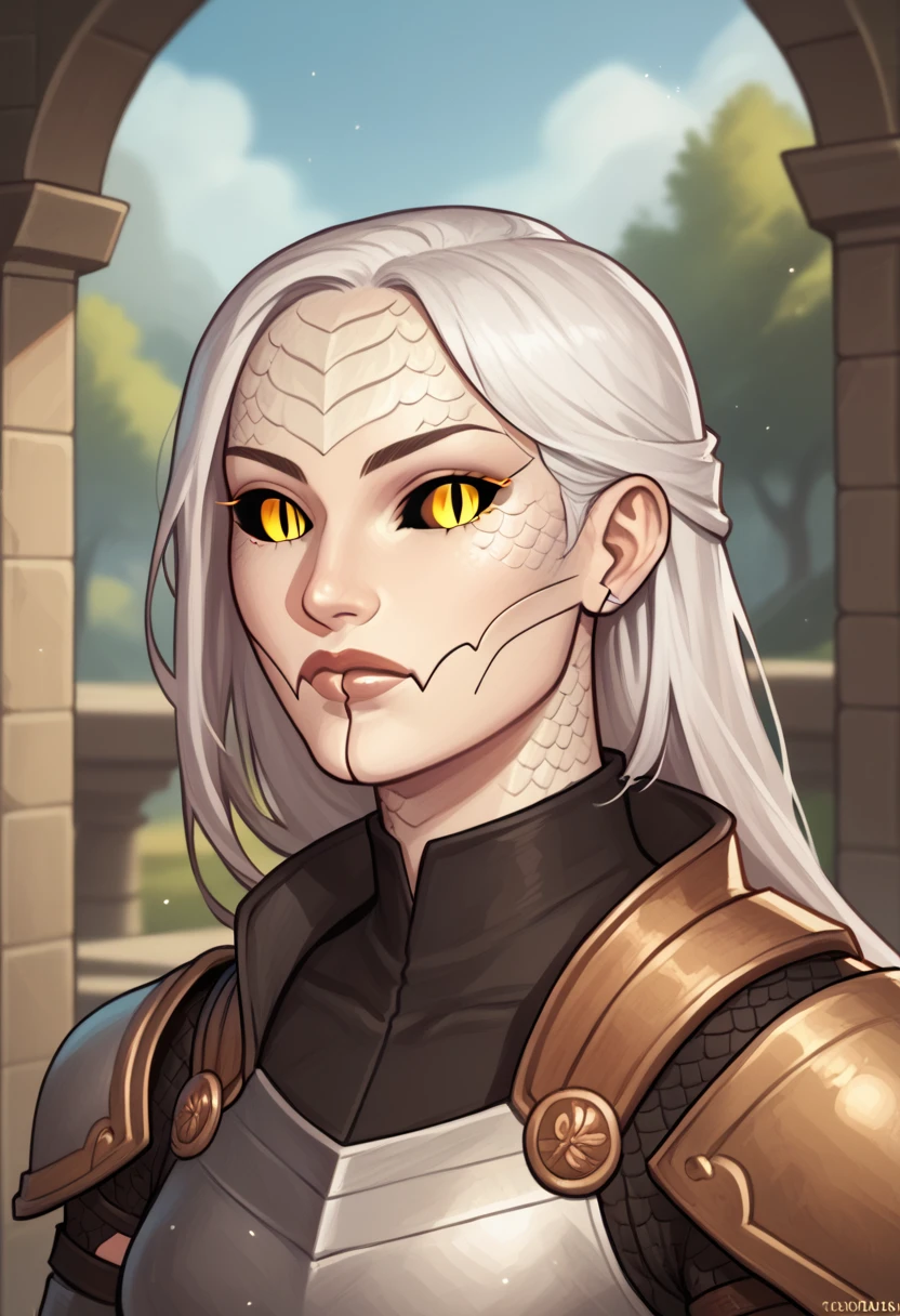 (((beautiful, high quality))), portrait, score_9, score_8_up, score_7_up, (Yuan-ti, black sclera, slit pupils, scales), 1girl, yellow eyes, white skin, (black scales), white hair, armor, fantasy background, blurred background