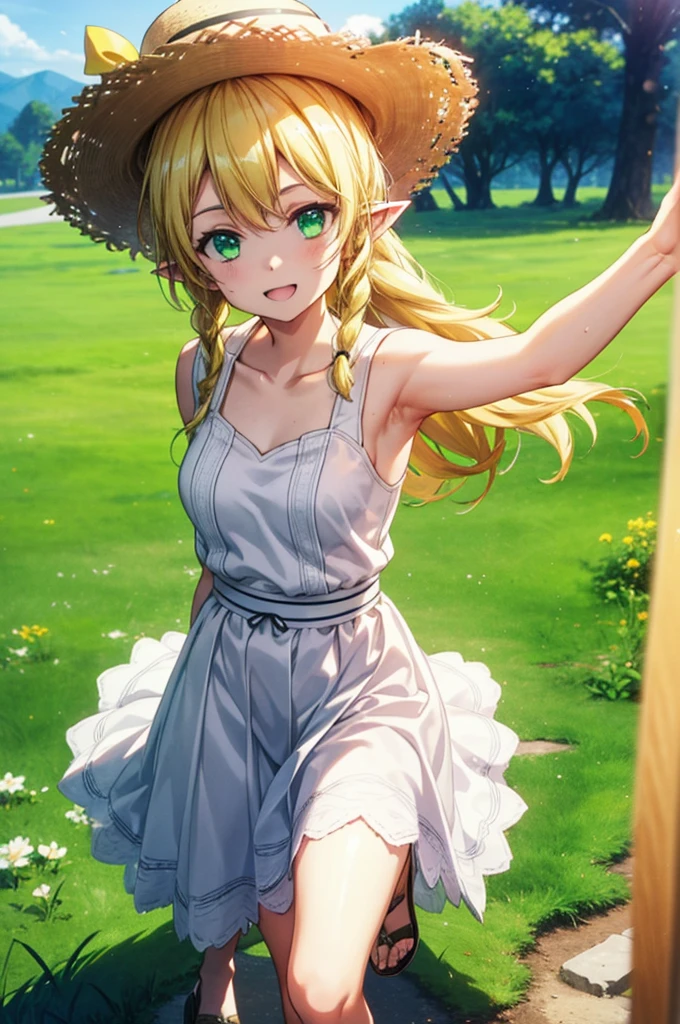 Suguhakirigaya, Suguhakirigaya, Long Hair,Blonde,Green Eyes,Pointy Ears,Long braids,happy smile, smile, Open your mouth,White straw hat,White sleeveless dress, bare arms,Green long skirt,Cute Sandals,Walking,Clear skies,whole bodyがイラストに入るように,
break outdoors, nature, forest, 
break looking at viewer, whole body,
break (masterpiece:1.2), Highest quality, High resolution, unity 8k wallpaper, (shape:0.8), (Beautiful attention to detail:1.6), Highly detailed face, Perfect lighting, Extremely detailed CG, (Perfect hands, Perfect Anatomy),