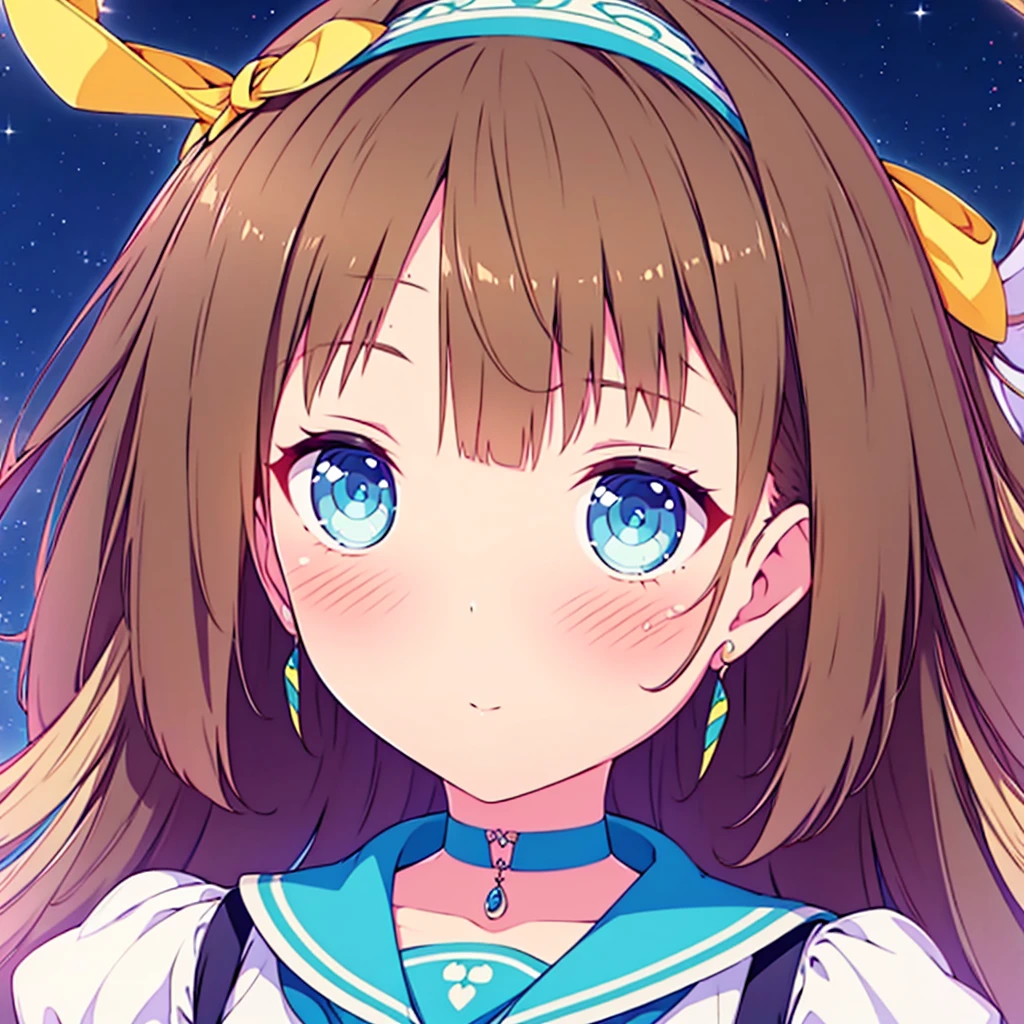 est quality,4k,highres),ultra-detailed,realistic,portraits,green eyes, long brown hair,anime style,futuristic,Y2K aesthetic,ribbon headband,small breast,futuristic sailor lolita dress,puffy sleeves,white and blue,colorful lighting. Full body