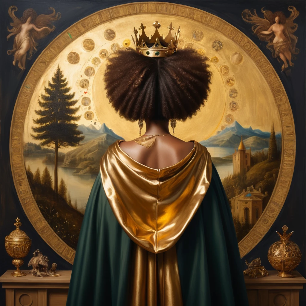 Black woman from the back, curled hair, with a crown on his head and a cedar, with a golden cloak, luxurious setting, and with art and beautiful elements. She looks and beholds the golden heavenly realms, with astrology elements, renaissance painting, oil painting inspired by leonardo da vinci.