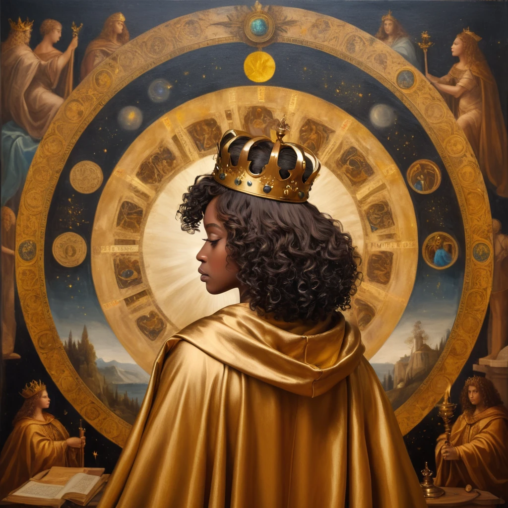 Black woman from the back, curled hair, with a crown on his head and a cedar, with a golden cloak, luxurious setting, and with art and beautiful elements. She looks and beholds the golden heavenly realms, with astrology elements, renaissance painting, oil painting inspired by leonardo da vinci.