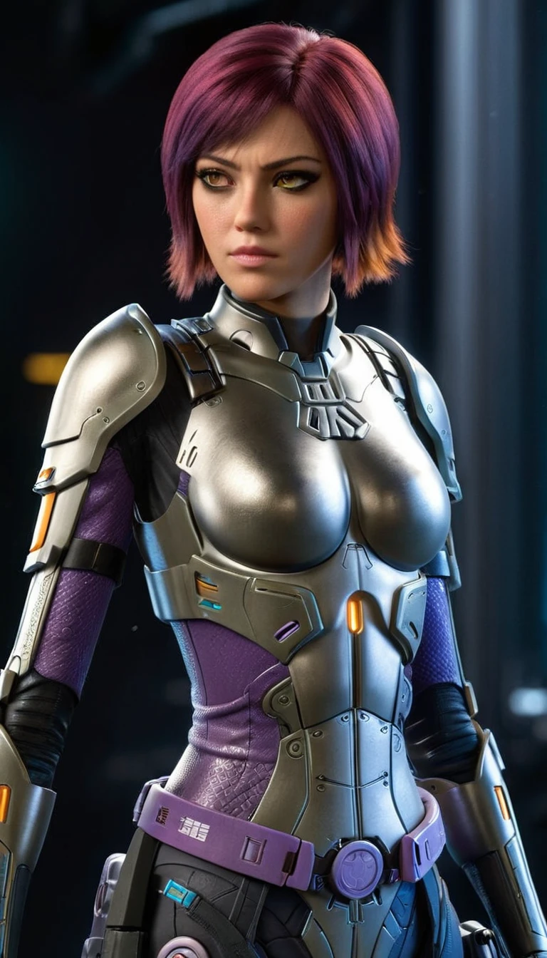 professional 3d model Cinematic scene, sabine wren, SILVER armor (HUGE BREASTS), Ghost in the Shell, detailed background, masterpiece, best quality, high quality, highres, absurdres . octane render, highly detailed, volumetric, dramatic lighting
