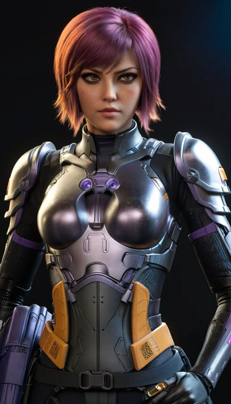 professional 3d model Cinematic scene, sabine wren, SILVER armor (HUGE BREASTS), Ghost in the Shell, detailed background, masterpiece, best quality, high quality, highres, absurdres . octane render, highly detailed, volumetric, dramatic lighting
