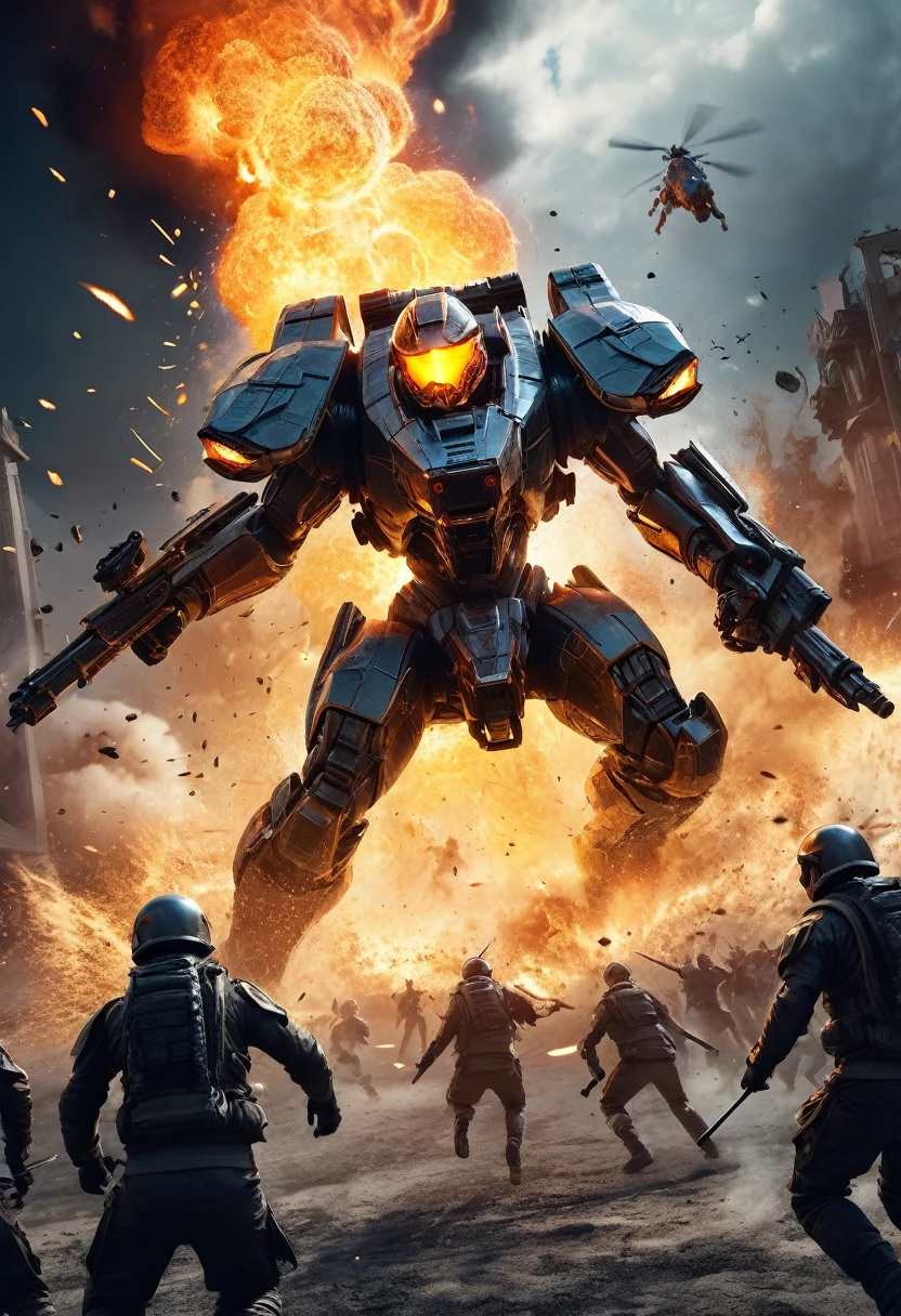 A futuristic battlefield erupts in flames as a fierce warrior unleashes a powerful fireball, their agile movements leaving a trail of destruction in their wake