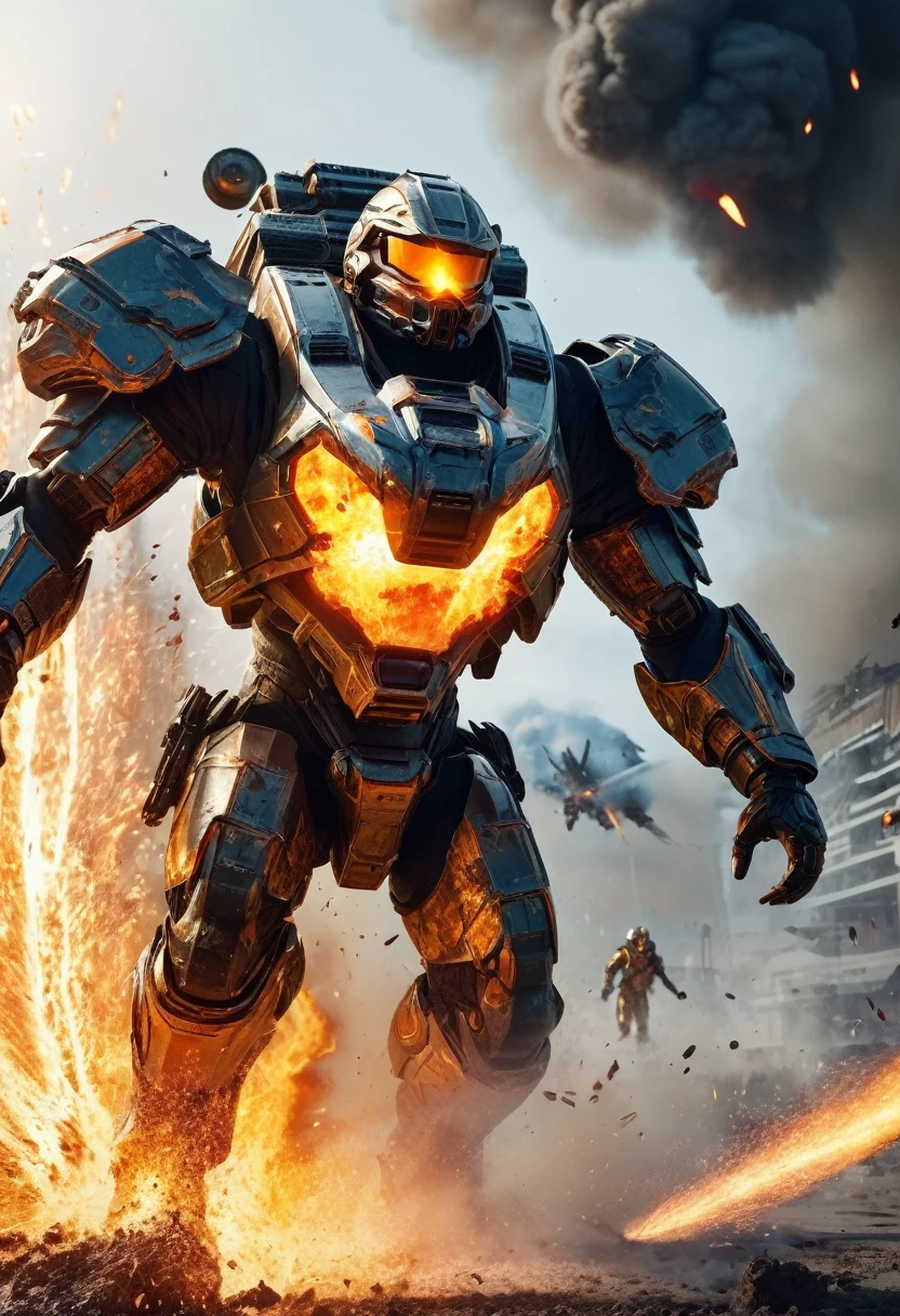 A futuristic battlefield erupts in flames as a fierce warrior unleashes a powerful fireball, their agile movements leaving a trail of destruction in their wake