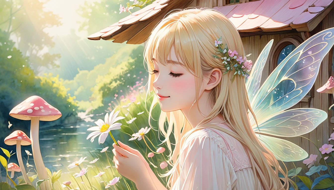 title: "Ethereal Whispers: Gentle smile" Art Style: Colored pencil drawing - texture: soft and ethereal, A color palette with a focus on subtle shading: Pastel tones with emphasis on light pink and light gold, Light yellow and light pink express transparency and gentleness: - The name of the piece: 優しい表情を持つ金髪の小さな妖精がキノコの家の前で目を閉じて神にpray様子のフルショットポートレート,Girl picking flowers, Side View - Features: Delicately defined, Emphasizing the transparency, purity, youthfulness, and large fairy wings of the subject - Expression: Subtleties, Gentle smile, Communicating Inner Peace and Contentment - Eyes: softly closed or gazing downwards, A fairy with her eyes closed and a slight smile,Increases feelings of introspection and calm,Large, deep, dark blue eyes,Gazing into the distance - Hair: Light and airy, Fine hairs highlighted by sunlight, Increase transparency,Blonde Hair - Background: Blurred, Dreamy Background,Light Green Background - Elements: Reminiscent of a serene natural landscape, Soft focus pink mushroom house watercolor like,The background features a huge fairy house several times the size of a fairy.,Large fairy house backdrop - lighting: soft, Diffuse light illuminating the subject's face, Emphasise transparency and purity of expression: Peaceful and introspective, Capturing moments of quiet joy and ethereal beauty,Highest quality,Top quality exquisite and realistic fairy wings,soft光を放つ大きな妖精の翼,1 Female,Cute Fairy,Smiling Angel,A fairy wearing a long-sleeved white blouse,ta,Long sleeve blouse,Fairy wearing western clothes,Close up of hands,pray妖精,meditation,pray,Bright landscape,A gentle gaze,love,mercy,Smiling fairy,rainbow,Top quality masterpiece, Highest quality and official artistic standards, A beautiful and visually stunning angel,This piece is very ingenious, rich in color, Exquisitely crafted down to the last detail, Vibrant fairy, Fairy in motion,Blonde Hair