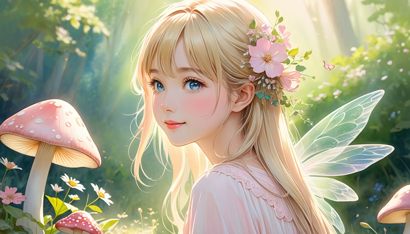 title: "Ethereal Whispers: Gentle smile" Art Style: Colored pencil drawing - texture: soft and ethereal, A color palette with a focus on subtle shading: Pastel tones with emphasis on light pink and light gold, Light yellow and light pink express transparency and gentleness: - The name of the piece: 優しい表情を持つ金髪の小さな妖精がキノコの家の前で目を閉じて神にpray様子のフルショットポートレート,Girl picking flowers, Side View - Features: Delicately defined, Emphasizing the transparency, purity, youthfulness, and large fairy wings of the subject - Expression: Subtleties, Gentle smile, Communicating Inner Peace and Contentment - Eyes: softly closed or gazing downwards, A fairy with her eyes closed and a slight smile,Increases feelings of introspection and calm,Large, deep, dark blue eyes,Gazing into the distance - Hair: Light and airy, Fine hairs highlighted by sunlight, Increase transparency,Blonde Hair - Background: Blurred, Dreamy Background,Light Green Background - Elements: Reminiscent of a serene natural landscape, Soft focus pink mushroom house watercolor like,The background features a huge fairy house several times the size of a fairy.,Large fairy house backdrop - lighting: soft, Diffuse light illuminating the subject&#39;s face, Emphasise transparency and purity of expression: Peaceful and introspective, Capturing moments of quiet joy and ethereal beauty,Highest quality,Top quality exquisite and realistic fairy wings,soft光を放つ大きな妖精の翼,1 Female,Cute Fairy,Smiling Angel,A fairy wearing a long-sleeved white blouse,Lolita,Long sleeve blouse,Fairy wearing western clothes,Close up of hands,pray妖精,meditation,pray,Bright landscape,A gentle gaze,love,mercy,Smiling fairy,rainbow,Top quality masterpiece, Highest quality and official artistic standards, A beautiful and visually stunning angel,This piece is very ingenious, rich in color, Exquisitely crafted down to the last detail, Vibrant fairy, Fairy in motion,Blonde Hair