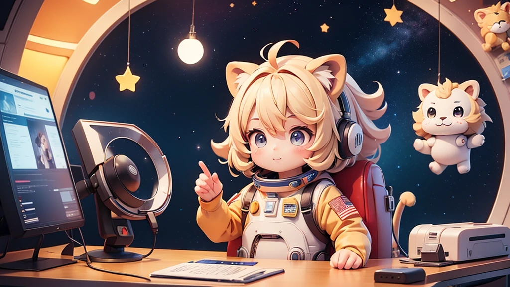 A cute animal little lion in a space suit answering the phone,The background is in space,Anime styles that young children like