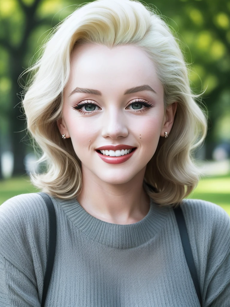 marilyn monroe wearing sweater, portrait, beautiful face, pretty eyes, outside, portrait, park, trees, teeth, eyes open, ward winning photo, best quality, upper body, JenniferConnelly, nikon d850 film stock photograph 4 kodak 400 camera f1.6 lens rich colors hyper realistic lifelike texture natural lighting trending on artstation cinestill 800, (100mm lens),