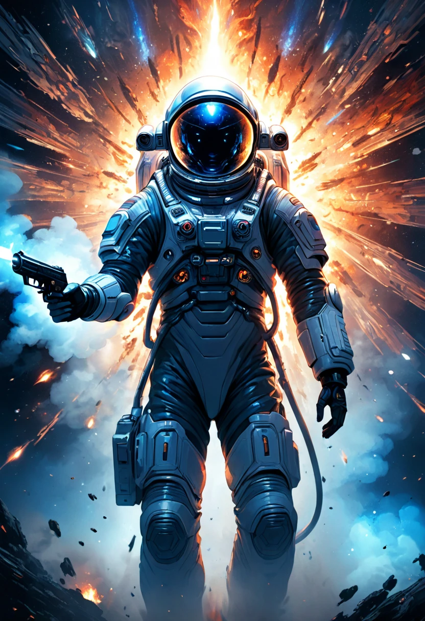 Perfect Anatomy Close-up of a man in a spacesuit standing in front of a spaceship holding a gun (Combat dynamic poses) Spaceship edge explosion fire battle sci-fi smoke rotating blue light surround movie scene surreal intricate sci-fi digital art illustration edge blue light light and shadow effect best quality detailed portrayal sci-fi digital art illustration extremely delicate art work ultra-precision art,Stunning digital art