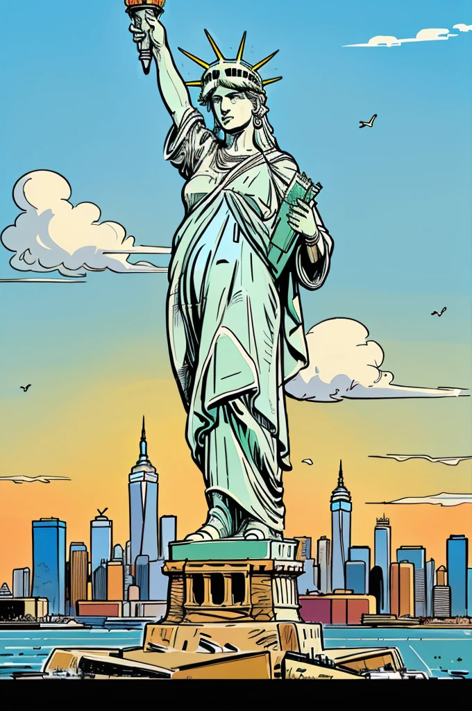 illustration, day time, bright colors. statue of liberty and city sky line, ultra detailed, vector style, photo realistic