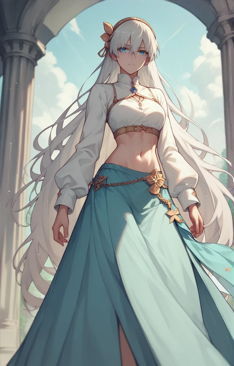 Anastasia/fate, which uniform,long skirt,white hair, navel showing, midriff, stomach,long sleeve,long hair, blue eye,