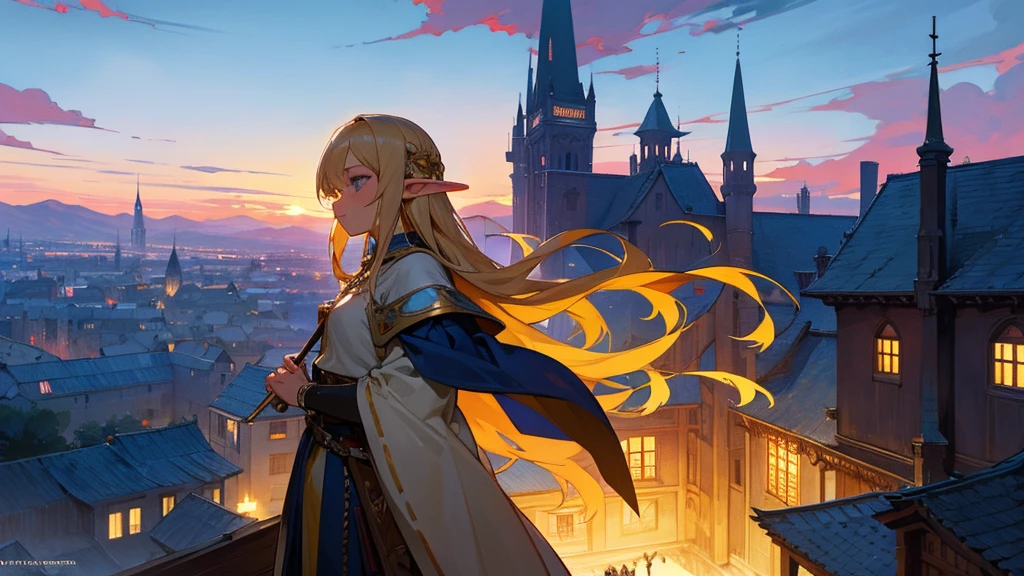 Anime Style,Nostalgic,Detailed background,The medieval world,A busy hotel with lots of people,Beautiful sky,Beautiful Elf with a Bard's Smile,guitar,Large Breasts,Healthy thighs