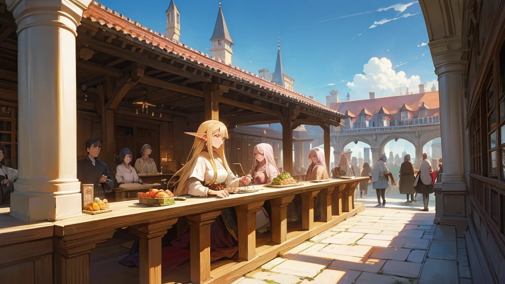 Anime Style,Nostalgic,Detailed background,The medieval world,A busy hotel with lots of people,Beautiful sky,Beautiful Elf with a Bard's Smile,guitar,Large Breasts,Healthy thighs