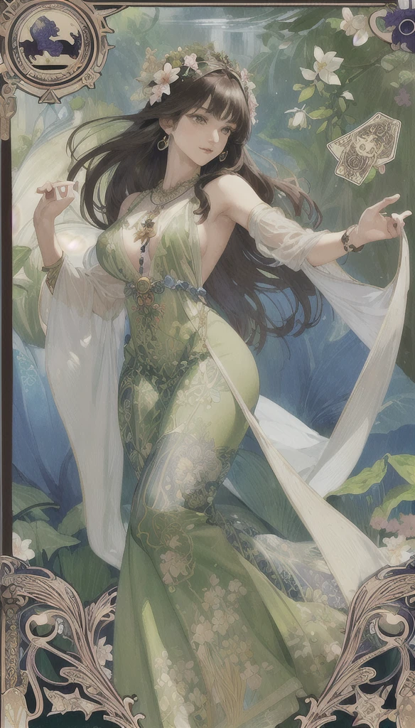 masterpiece, best quality, Alphonse Mucha, art nouveau,
(tarot card style:1.3), unique tarot card framework incorporating floral and greenery elements,
blunt bangs, black straight long hair, looking at viewer,
Amidst a verdant garden, a mystical maiden in a blossoming gown dances with ethereal creatures, bathed in sunlight that illuminates flourishing flora and ancient tarot symbols,
roses, lilies, cherry blossoms, irises, foliage, moss, and vines, elegant dresses inspired by nature, accessories including flower and leaf-designed necklaces, earrings, rings, bracelets, hair ornaments, butterflies, birds, bees, tarot symbols reimagined with floral and greenery designs, goddesses, natural backgrounds like gardens, forests, lakesides, effective use of light and shadow,
realistic, hyper realistic lifelike 3d, zentangle,