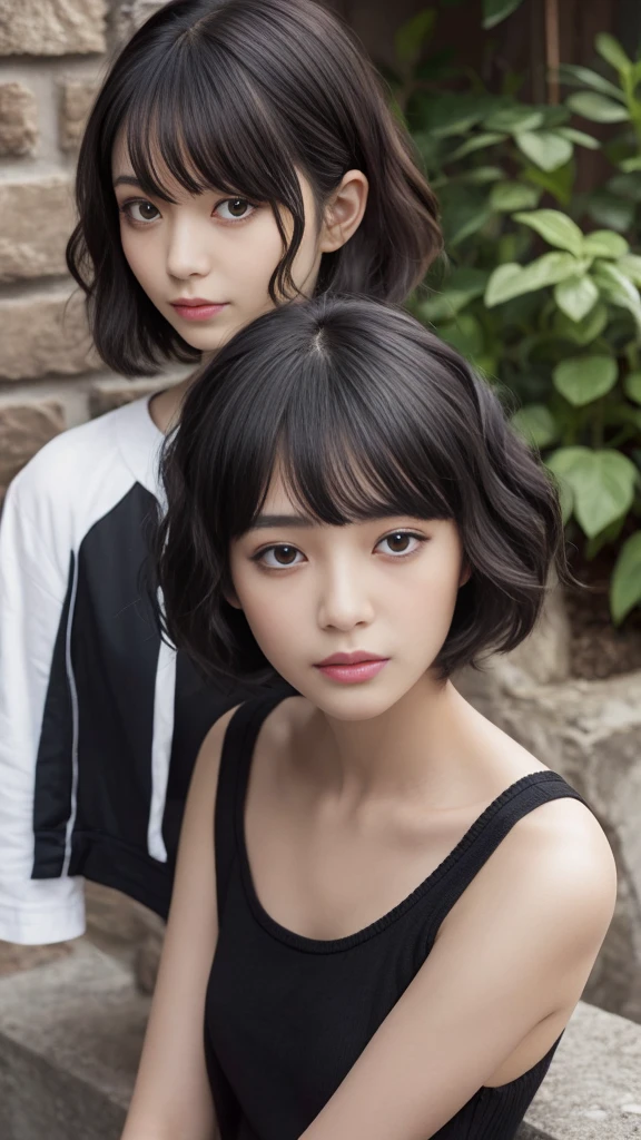 (Highest quality, Very detailed, masterpiece:1.2), 1 women, Very thin body, length, Thin legs, ((Black wavy short layered cut hair hair:1.2)), ((Thick and fluffy bangs)), Very detailedな顔,A faint smile, small, Thin Nose, small thin mouth, Extremely sharply focused eyes, Japanese, Beautiful Face, Realistic eyes, Beautiful and beautiful eyes, Realistic Skin, Beautiful Skin, charm, (A vivid face), Beautiful Hairstyles,((Over Size Tシャツ)),脇を見せる,腕を上げる,Creepy and unique hairstyles,下からのアングル, High resolution, Vibrant color palette, Mysterious and mysterious stone wall, Amazing place,Characteristic dark shadows and strange details, background, Backwards