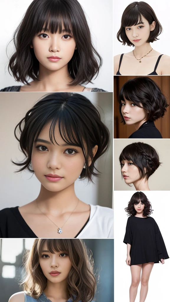 (Highest quality, Very detailed, masterpiece:1.2), 1 women, Very thin body, length, Thin legs, ((Black wavy short layered cut hair hair:1.2)), ((Thick and fluffy bangs)), Very detailedな顔,A faint smile, small, Thin Nose, small thin mouth, Extremely sharply focused eyes, Japanese, Beautiful Face, Realistic eyes, Beautiful and beautiful eyes, Realistic Skin, Beautiful Skin, charm, (A vivid face), Beautiful Hairstyles,((Over Size Tシャツ)),脇を見せる,腕を上げる,Creepy and unique hairstyles,下からのアングル, High resolution, Vibrant color palette, Mysterious and mysterious stone wall, Amazing place,Characteristic dark shadows and strange details, background, Backwards