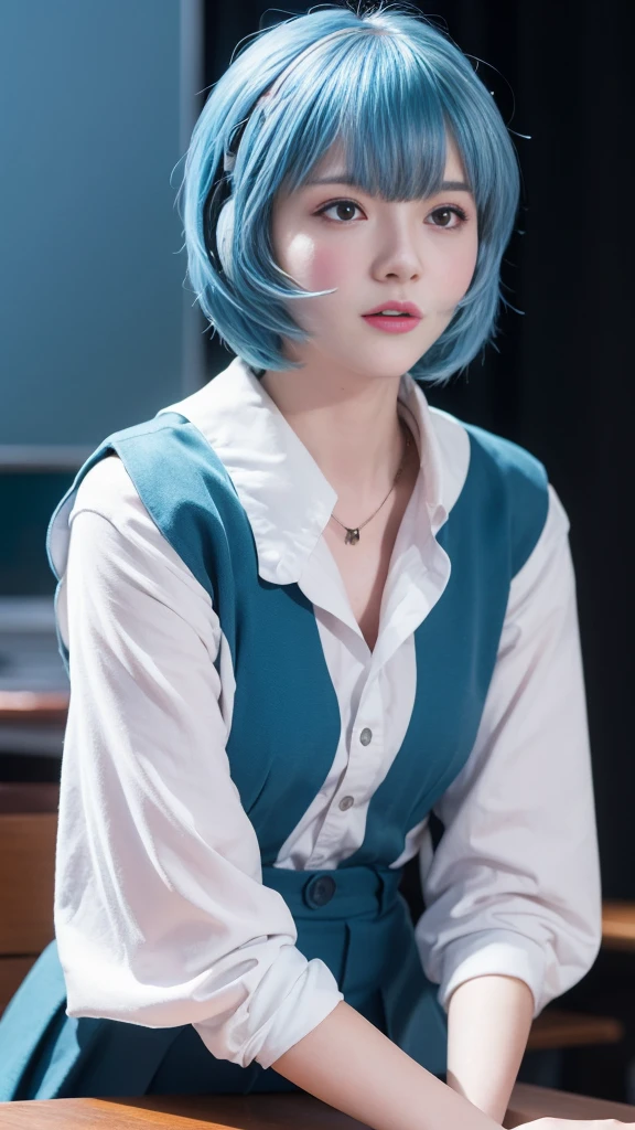 (Highest quality, High resolution, Tabletop:1.2), One Girl, ayanamirei, Bobcut, uniform,high school girl、 Upper Body View、Interface Headset, background, Light blue hair color, Expressionless, Apply blush all over the face, Embarrassing, View your viewers