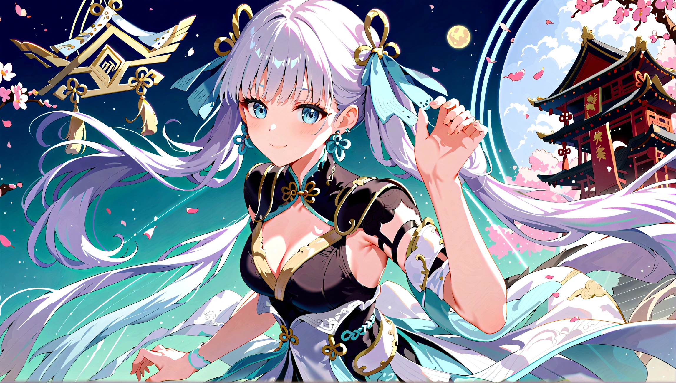 score_9, score_8_up, score_7_up, score_6_up, (masterpiece, top quality, best quality, official art, beautiful and aesthetic), centered, JinshiWW, long hair, twintails, hair rings, hair ornament, earrings, chinese clothes, two-tone dress, black dress, white dress, cleavage cutout, armlet, white thighhighs, dynamic cute pose, close up, shy smile, cute, vibrant color, chinese temple background, Expressiveh
