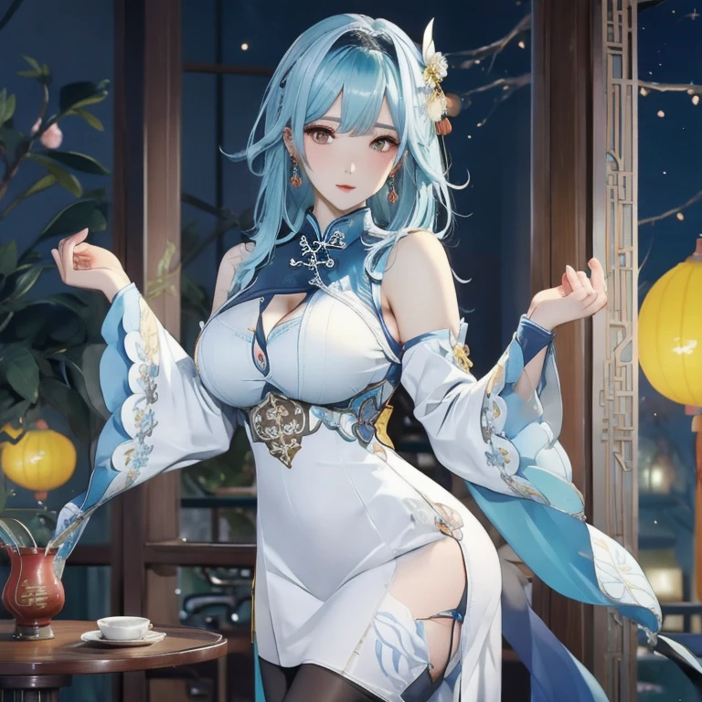 (((Full and soft breasts,)))(((Huge breasts)))((((Cleavage)))))) (Perfect curvy figure)(masterpiece, best quality, 1 Girl, Solitary, Intricate details, Chromatic Aberration), Practical:1.2, ((Moderate breathing)),Bare shoulders,Blue Hair,Aqua blue headdress,Yellow eyes, earrings,Sharp eyes,Perfectly symmetrical body, Smooth chin, (ulzzang-6500:0.75),(Pure face_v1:0.3),Necklace, Thigh straps,(Pantyhose),Lacetree,((White Chinese cheongsam)),at night, lantern, Chinese Tea Shop, Dim Lights ,(Detailed lighting),Look at the audience,