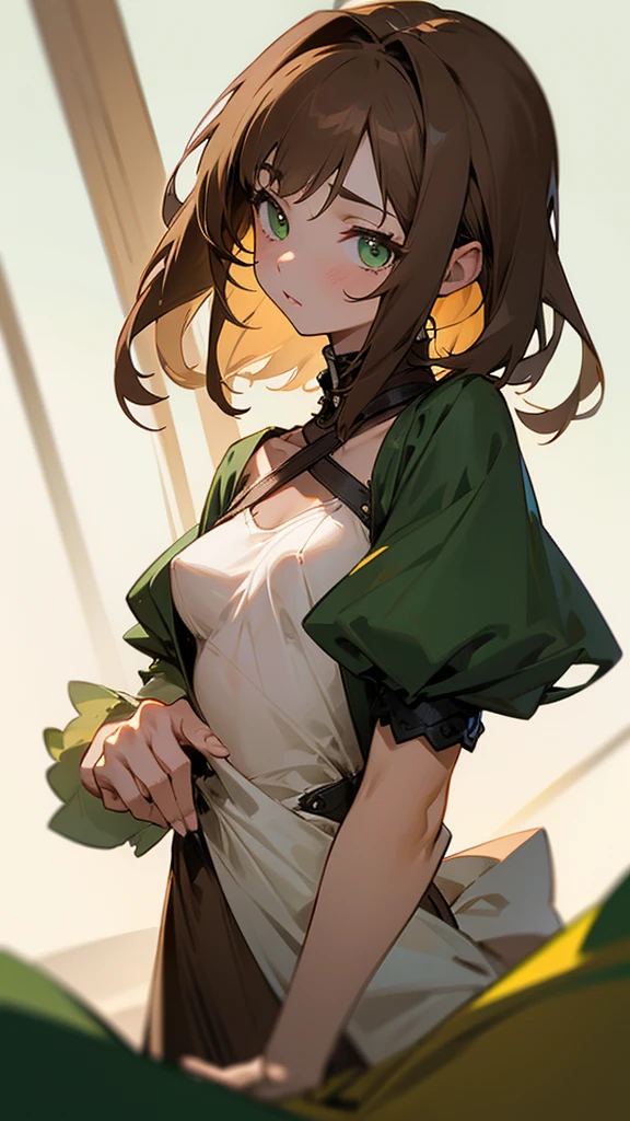 A girl with short fluffy light brown hair, dark green eyes, pretty clothes and little uncovered breasts 