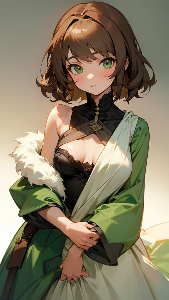A girl with short fluffy light brown hair, dark green eyes, pretty clothes and little uncovered breasts 
