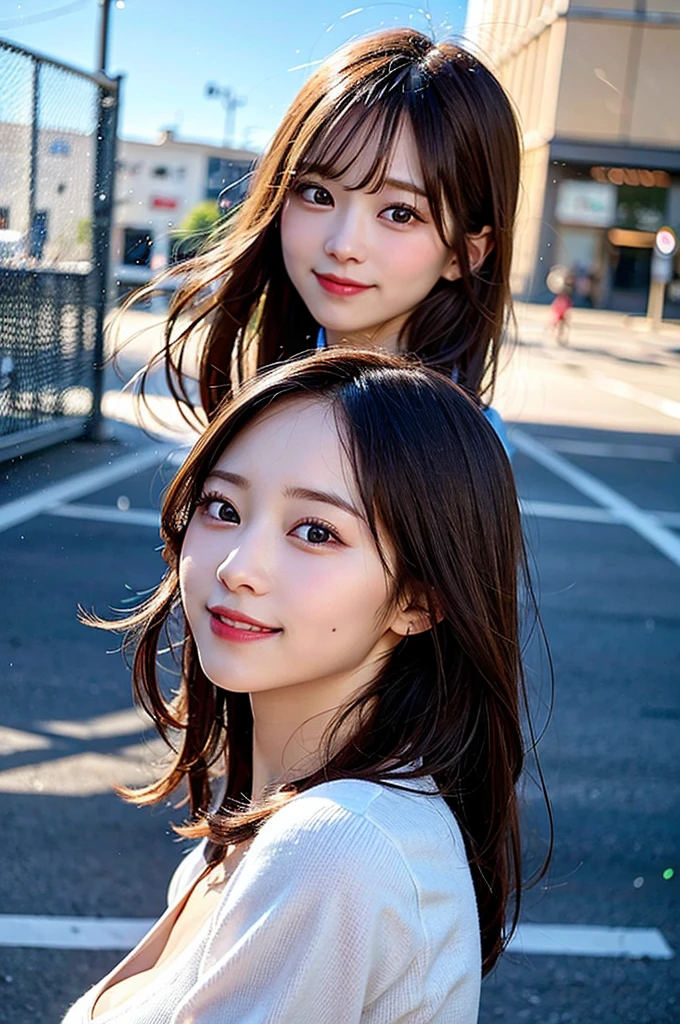 (8K, Raw photo:1.2), Detailed face and eyes, Best Quality, 超A high resolution, highly detailed, intricate details, masterpiece, Cute Girl, smiling, Soft cinematic light, Hyper-detailing, Sharp Focus, High quality, The background is blue sky, Blurred Background, Particles of light, Strong winds,
