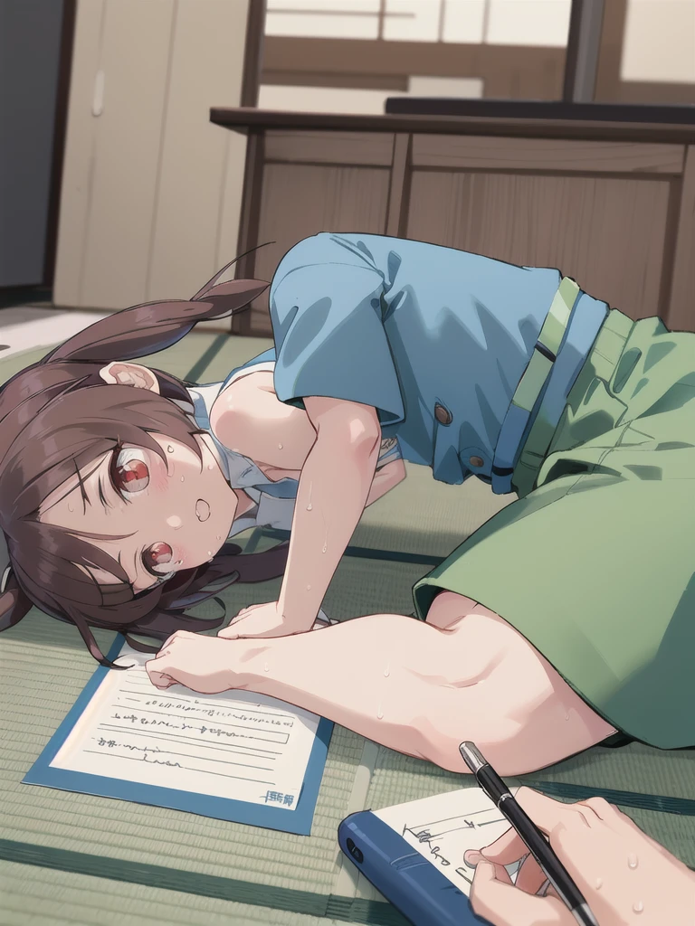 Dilapidated and dark Japanese-style room,青null,cloud,null＿Red Missile,On the tatami_Prone,Near the PC,from side, top-down bottom-up,indoor,1 Girl, 独奏, Red eyes, Twin tails, brown hair,crawling,((顔 focus)),upper body,Green dress shirt,Blue denim pants, bangs, eyebrows visible through hair, Flat Chest,Look Down,teeth ,annoyed,panicking,Write on loose-leaf paper with a pen,((Sweat)),