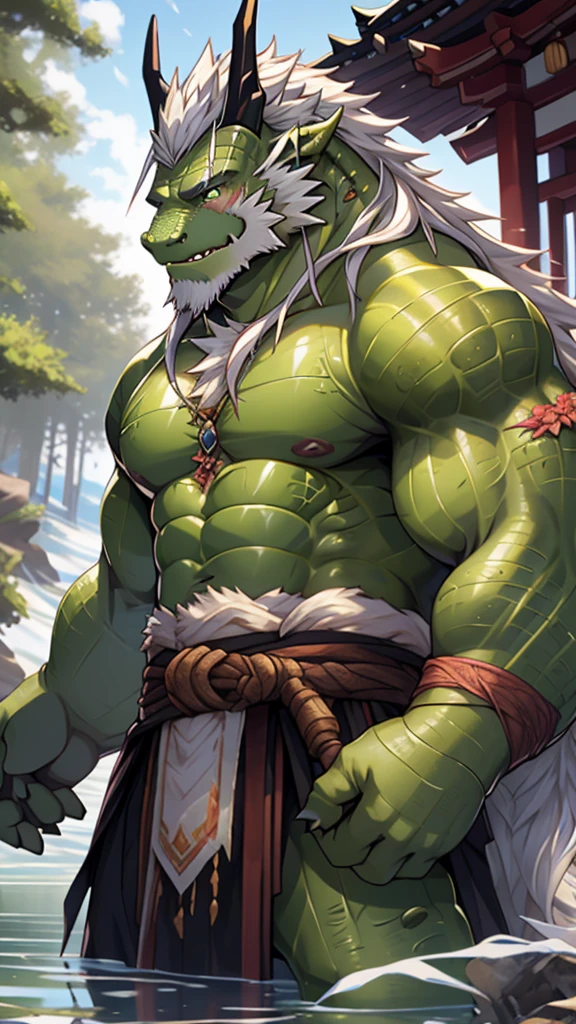 (masterpiece),(highres),(intricate details:1.4),extremely detailed,(illustration:1.2),8k,photorealistic,exquisite,solo,aged,elder male eastern dragon,muscular,Japanese swordsman,safeguard,manhood ,(green skin:1.7),(white hair:1.3),long hair,long white beard,scar,badly damaged,hurt,broken body ,the icey frozen lake,bleeding ,suffering,naked body