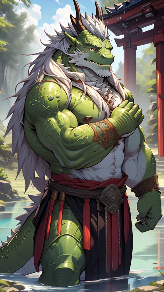 (masterpiece),(highres),(intricate details:1.4),extremely detailed,(illustration:1.2),8k,photorealistic,exquisite,solo,aged,elder male eastern dragon,muscular,Japanese swordsman,safeguard,manhood ,(green skin:1.7),(white hair:1.3),long hair,long white beard,scar,badly damaged,hurt,broken body ,the icey frozen lake,bleeding ,suffering,naked body