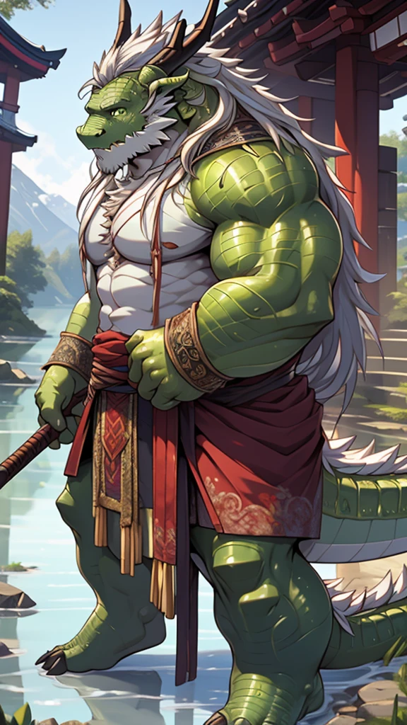 (masterpiece),(highres),(intricate details:1.4),extremely detailed,(illustration:1.2),8k,photorealistic,exquisite,solo,aged,elder male eastern dragon,muscular,Japanese swordsman,safeguard,manhood ,(green skin:1.7),(white hair:1.3),long hair,long white beard,scar,badly damaged,hurt,broken body ,the icey frozen lake,bleeding ,suffering,naked body 