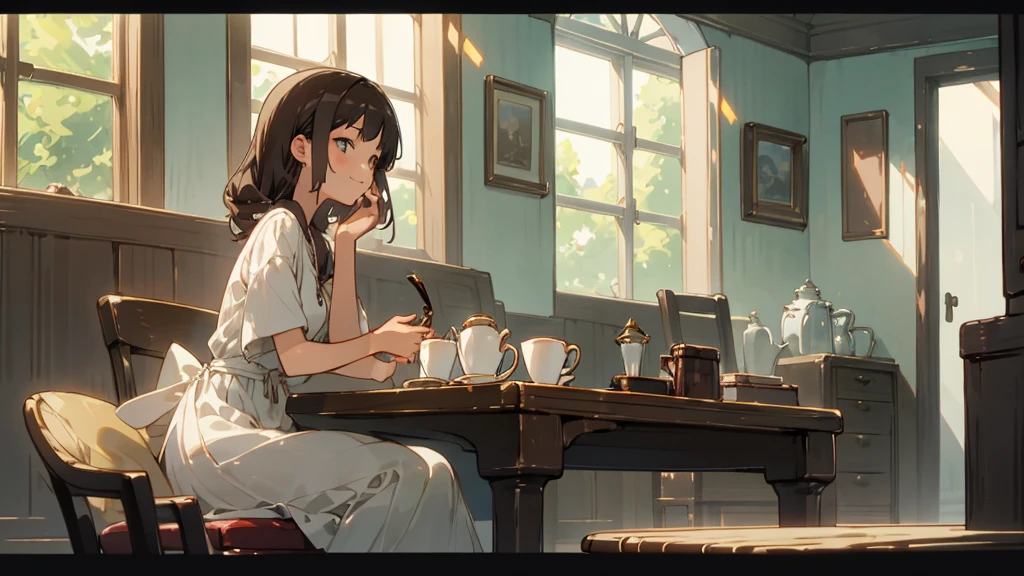 Stylish cafe、Anime Style、Freshly Brewed Coffee、Delicious looking baked goods、Relaxed atmosphere、Cozy atmosphere、Beautiful girl with dark hair sitting and drinking coffee、Wearing a white dress、smile、Warm Light、avert your eyes、Ghibli style
