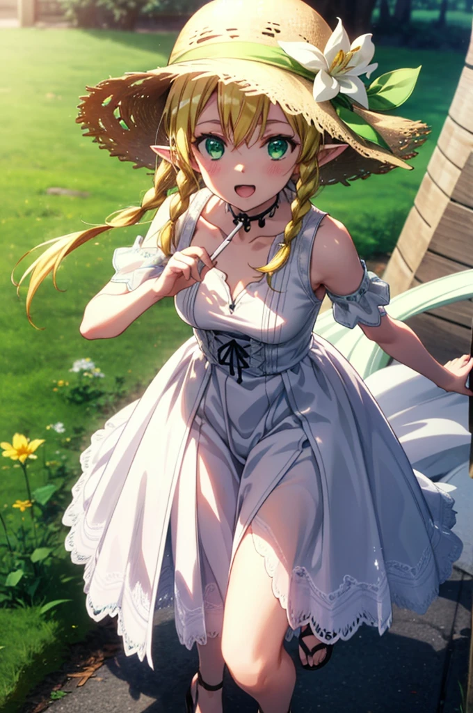 Suguhakirigaya, Suguhakirigaya, Long Hair,Blonde,Green Eyes,Pointy Ears,Long braids,happy smile, smile, Open your mouth,White straw hat,White sleeveless dress, bare arms,Green long skirt,Cute Sandals,Walking,Clear skies,whole bodyがイラストに入るように,
break outdoors, nature, forest, 
break looking at viewer, whole body,
break (masterpiece:1.2), Highest quality, High resolution, unity 8k wallpaper, (shape:0.8), (Beautiful attention to detail:1.6), Highly detailed face, Perfect lighting, Extremely detailed CG, (Perfect hands, Perfect Anatomy),