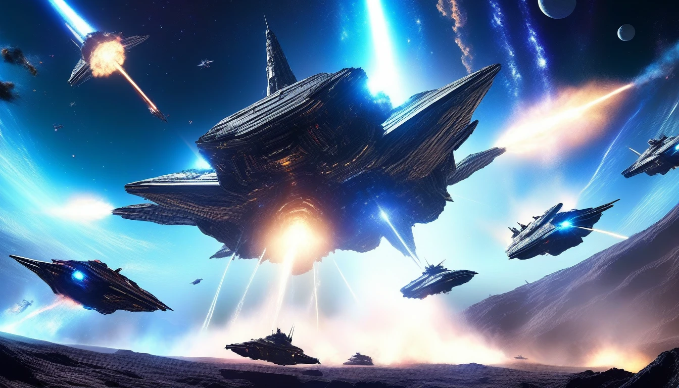 Ultra-realism, ((Masterpiece)), ((Best Quality)), (Very Detailed), ((Very Detailed)), 4K, (8K), very aesthetic, absurdres highres, A space war unfolds in the pitch-black unknown of space. The battle takes place in outer space, dotted with planets large and small, set against a jet-black background as giant spaceships battle fiercely while emitting flashes of beam cannons and smoke trails from missiles. The light trail of the beam cannon is tinged with energy waves, and the smoke trail has the power to distort space.A huge spaceship battleship with a comet and a distant galaxy shining in the background.