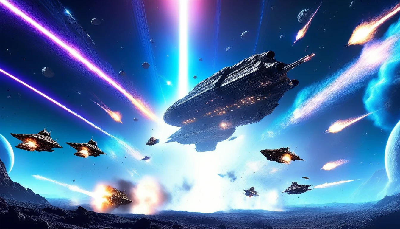 Ultra-realism, ((Masterpiece)), ((Best Quality)), (Very Detailed), ((Very Detailed)), 4K, (8K), very aesthetic, absurdres highres, A space war unfolds in the pitch-black unknown of space. The battle takes place in outer space, dotted with planets large and small, set against a jet-black background as giant spaceships battle fiercely while emitting flashes of beam cannons and smoke trails from missiles. The light trail of the beam cannon is tinged with energy waves, and the smoke trail has the power to distort space.A huge spaceship battleship with a comet and a distant galaxy shining in the background.
