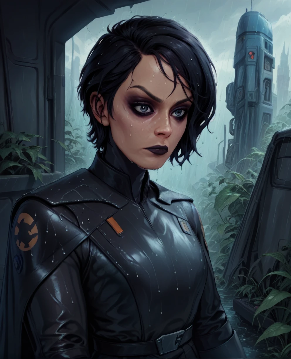 score_9,score_8_up,score_7_up,score_6_up, sabine wren ,,black hair, upper body, wet, armor,gloves,black bodysuit,black cape,belt,rain, science fiction,sith base, star wars, outdoors, rain, solo,fflixbag wearing armor sabine wren
