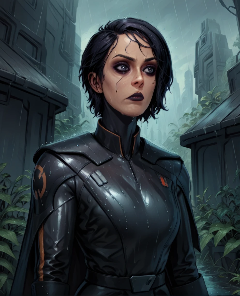 score_9,score_8_up,score_7_up,score_6_up, sabine wren ,,black hair, upper body, wet, armor,gloves,black bodysuit,black cape,belt,rain, science fiction,sith base, star wars, outdoors, rain, solo,fflixbag wearing armor sabine wren
