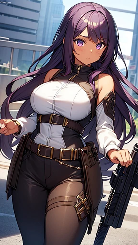 cute brown skin girl, Sexy Body, wavy purple hair [Shades of black], Golden Eyes (Shiny), Ultra-realistic eyes, With a pistol, Jumping, Sniper Equipment, Valorant Riot Games, Round face, Realistic lighting, Radio City, close.