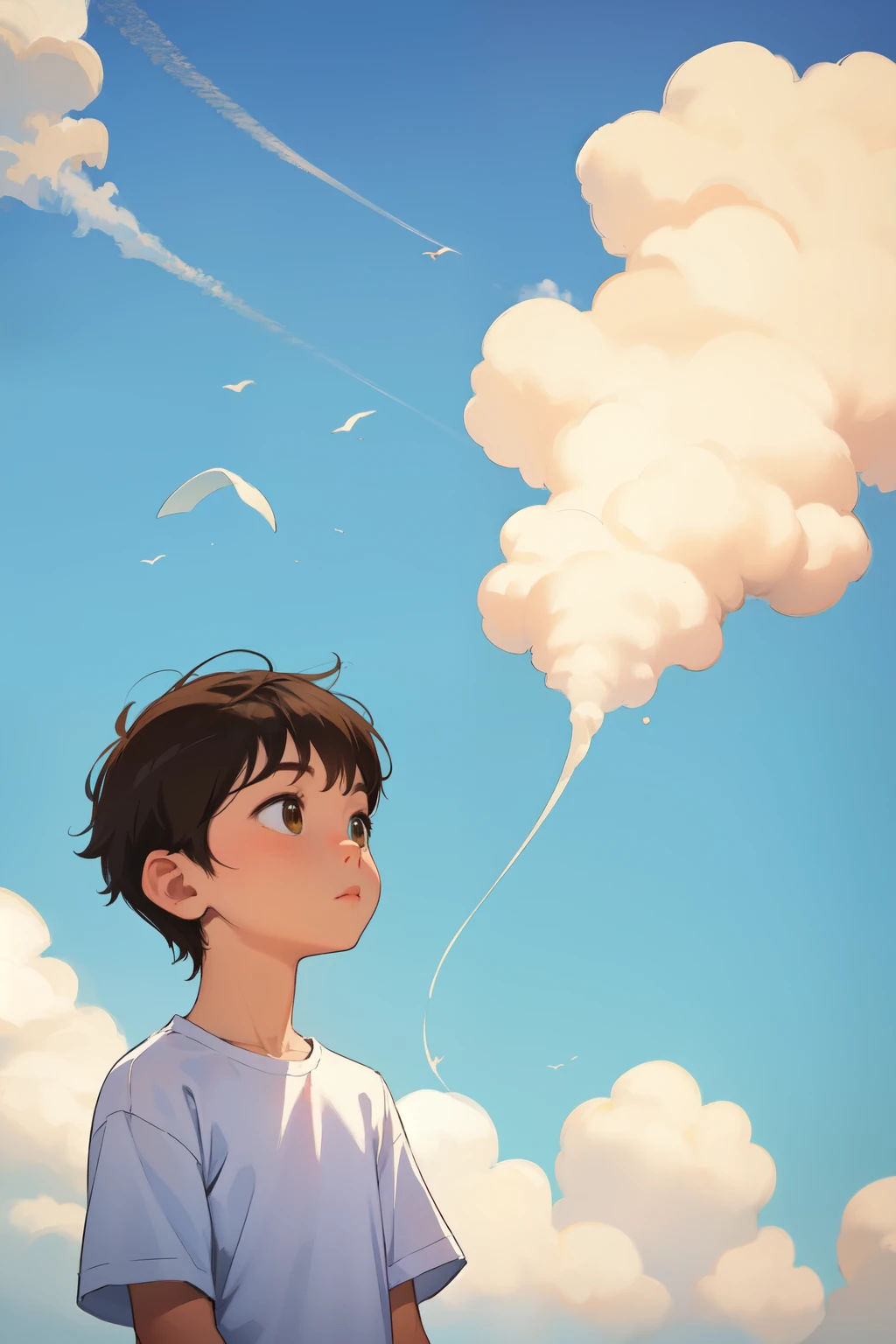 1 (little boy) clear skin, short brown hair and white shirt (on a cloud)