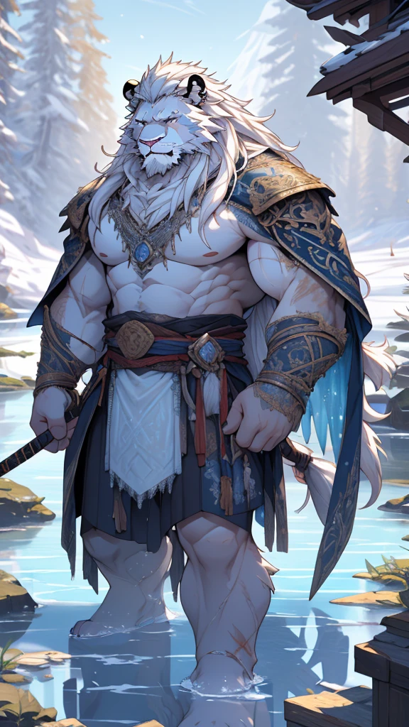 (masterpiece),(highres),(intricate details:1.4),extremely detailed,(illustration:1.2),8k,photorealistic,exquisite,solo,aged,elder male lion ,muscular,swordsman,manhood ,safeguard,(white hair:1.3),long hair,long white beard,scar,badly damaged,hurt,broken body ,the icey frozen lake,bleeding ,suffering,naked body