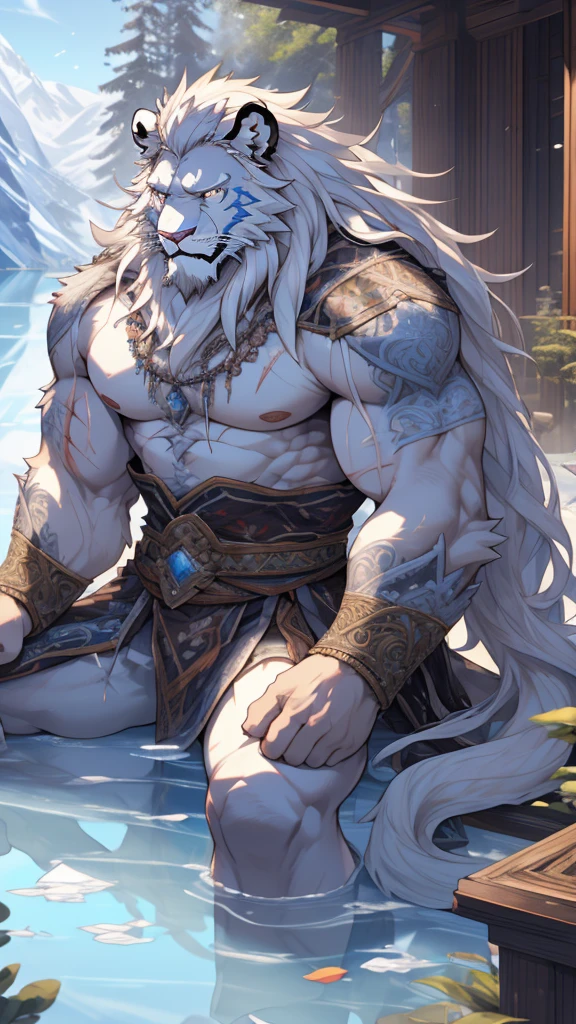 (masterpiece),(highres),(intricate details:1.4),extremely detailed,(illustration:1.2),8k,photorealistic,exquisite,solo,aged,elder male lion ,muscular,swordsman,manhood ,safeguard,(white hair:1.3),long hair,long white beard,scar,badly damaged,hurt,broken body ,the icey frozen lake,bleeding ,suffering,naked body