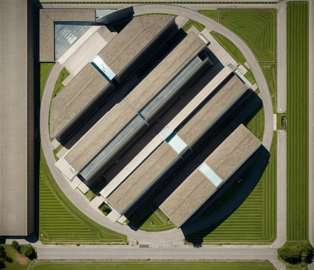 Master plan,aerial view, master view, grass, day, line, curve, highquality, realistic photo, canon eos 5D mark, [[[architech1904]]], natural light, (realistic: 1.2), sharpen edge, morden building, factory, glass, tadao ando, roof concrete, water, pool.