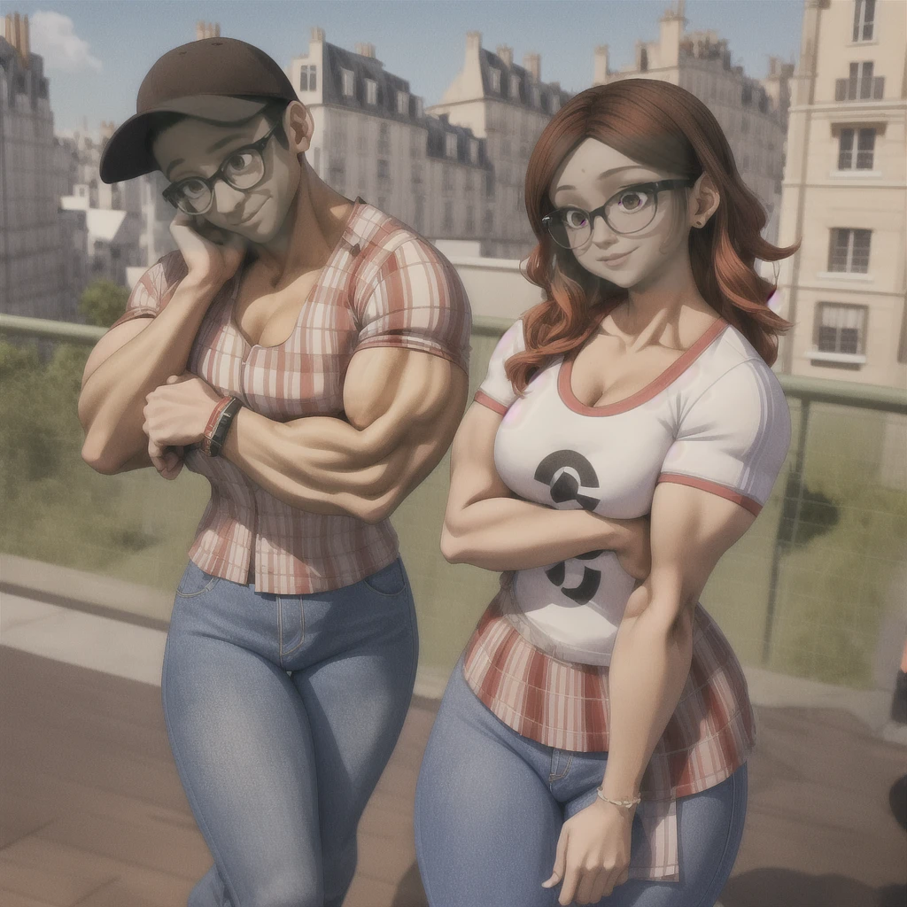 (girl and boy:1), smiling, ((high resolution illustration)), ((extremely detailed)), (couple), Alya, Nino, Nino X Alya, (best quality,4k,8k,highres,masterpiece:1.2), ultra-detailed, realistic:1.37, HDR, studio lighting, extreme detail description, professional, vibrant colors, bokeh, (muscular female bodybuilder), detailed lips, strong embrace, romantic scene, intimate moment, intense passion, athletic bodies, fitness couple, gym background, muscular definition, sculpted muscles, sweat glistening, powerful kiss, muscular arms, loving couple, bodybuilding lifestyle,dark hair boy kissing his big muscle girlfriend, skinny brown eye's boy, and a big muscle blue hair, brown eye's girl(masterpiece, best quality:1.2), A couple , boy Nino Lahiffe: Brown skin, dark hair, usually seen wearing a red cap, glasses, and casual clothing like a T-shirt and jeans, and a girl Alya Césaire: Brown skin, curly dark brown hair, often wears glasses, and typically seen in stylish, casual outfits. A casual day out with both characters in their everyday attire,Sharing a tender moment, like sitting on a rooftop overlooking Paris.