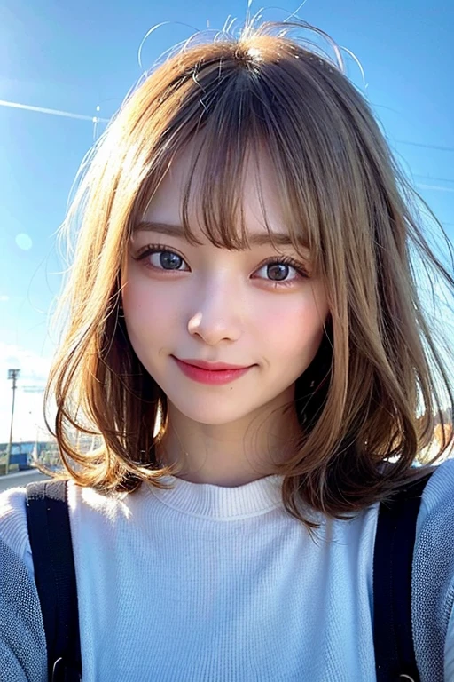 (8K, Raw photo:1.2), Detailed face and eyes,Best Quality, 超A high resolution, Highly detailed ,intricate detailes ,masutepiece ,Cute Girl , smiling, Soft cinematic light, Hyper-detailing,Sharp Focus, High quality, Blonde hair, bob cuts,   The background is blue sky, Blurred Background, Particles of light, Strong winds,