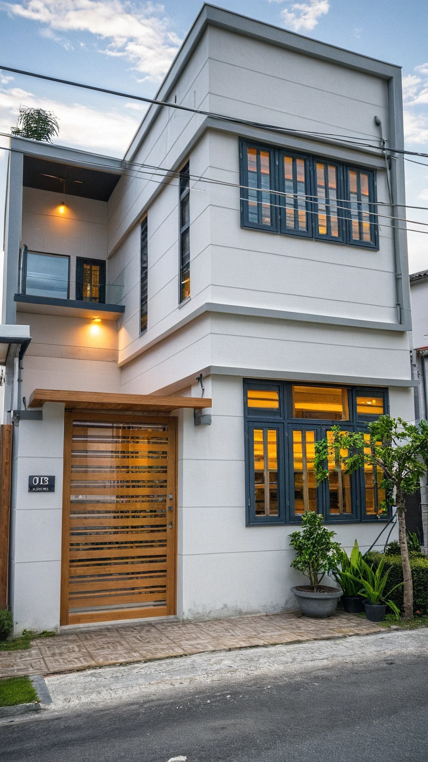 Raw photo, Masterpiece, high quality, best quality, authentic, super detail, outdoors, onestoreyvillaXL, aiaigroup, house style modern on the street ,stairs, white wall ,road,pavement, grass, trees, sky, cloud, (daylight:1.1)
